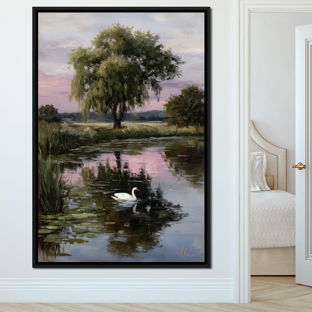 Swan Pond Willow Sunset Sky Canvas Wall Art