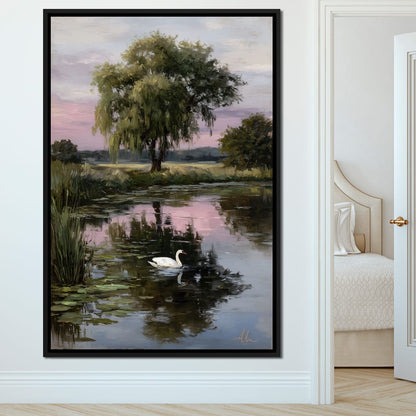 Swan Pond Willow Sunset Sky Canvas Wall Art