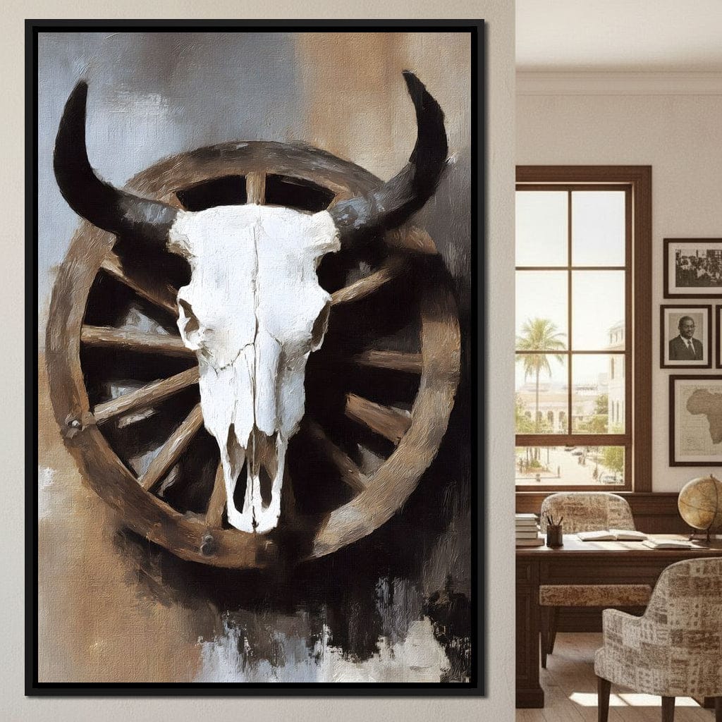 Western Bull Skull Wagon Wheel Canvas Wall Art