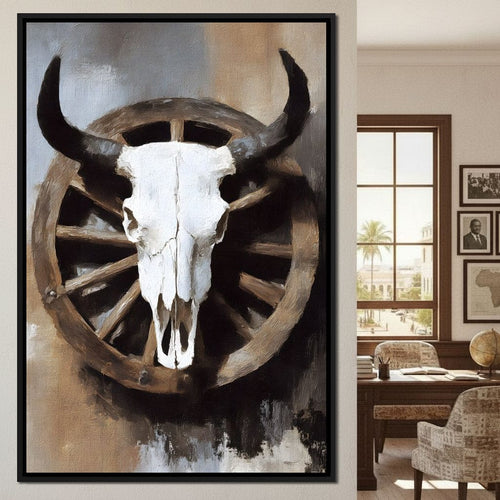 Western Bull Skull Wagon Wheel Canvas Wall Art