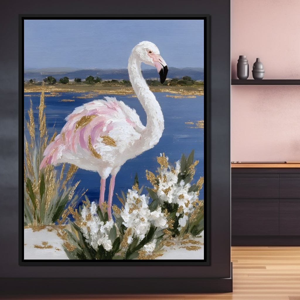 Coastal Flamingo Gold Glint Canvas Wall Art