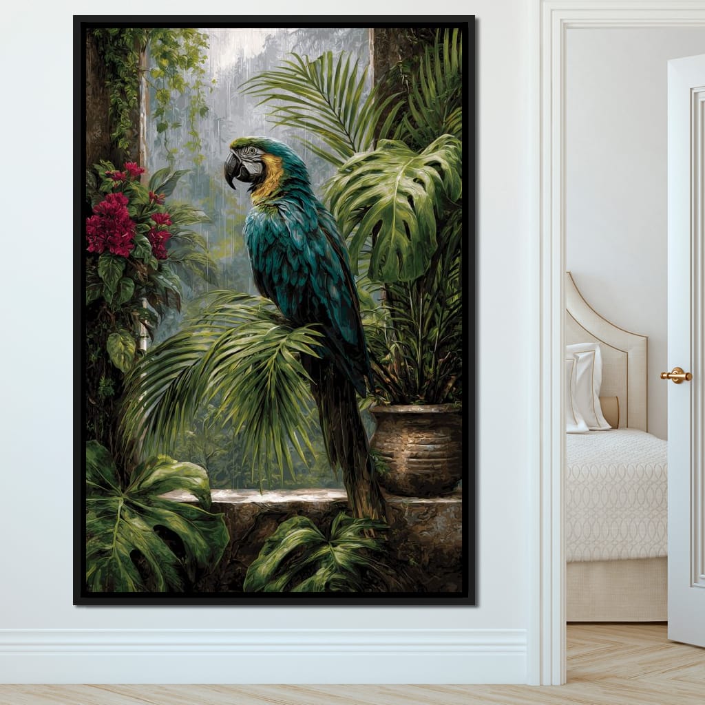 Rainforest Macaw Perch Scene Canvas Wall Art