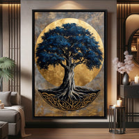 Golden Halo Blue Tree of Life Canvas Wall Art