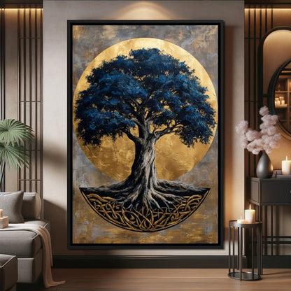 Golden Halo Blue Tree of Life Canvas Wall Art