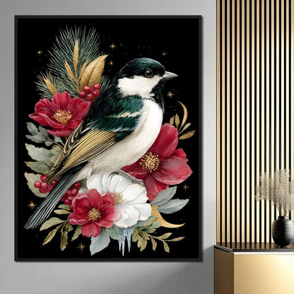 Moonlit Floral Gold Chickadee Canvas Wall Art