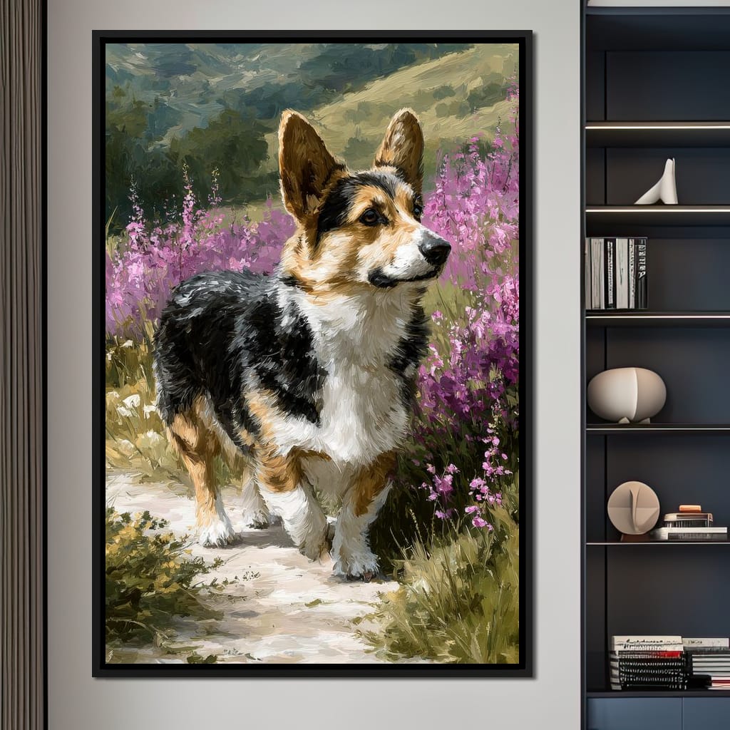 Corgi Along Heather Pathway Canvas Wall Art