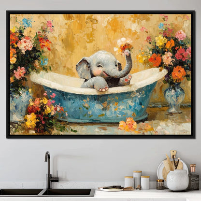 Elephant Joy in Floral Bath Canvas Wall Art