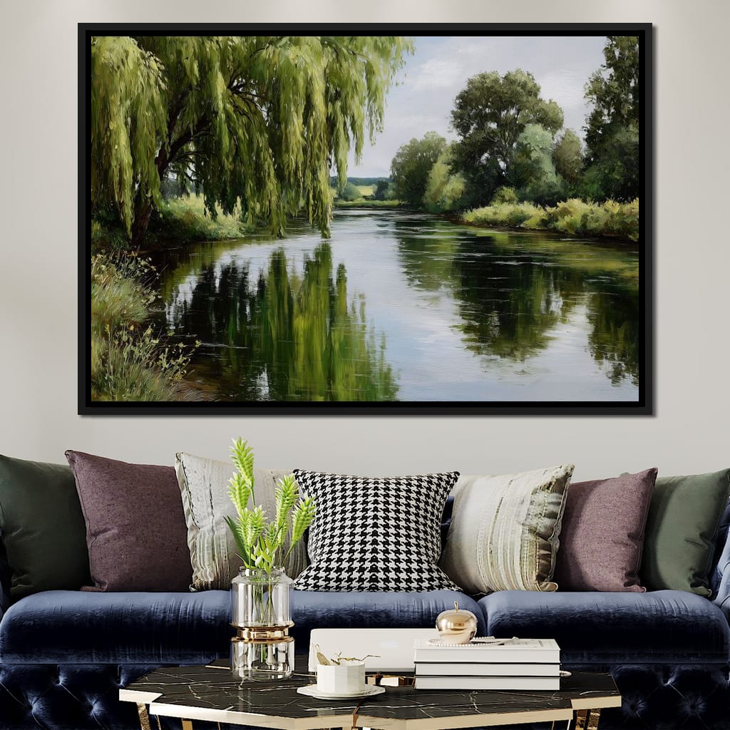 Willow Reflections Along Riverbank Canvas Wall Art