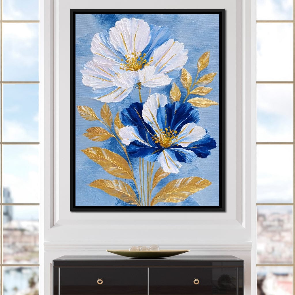 Blue White Peony Gold Leaf Canvas Wall Art