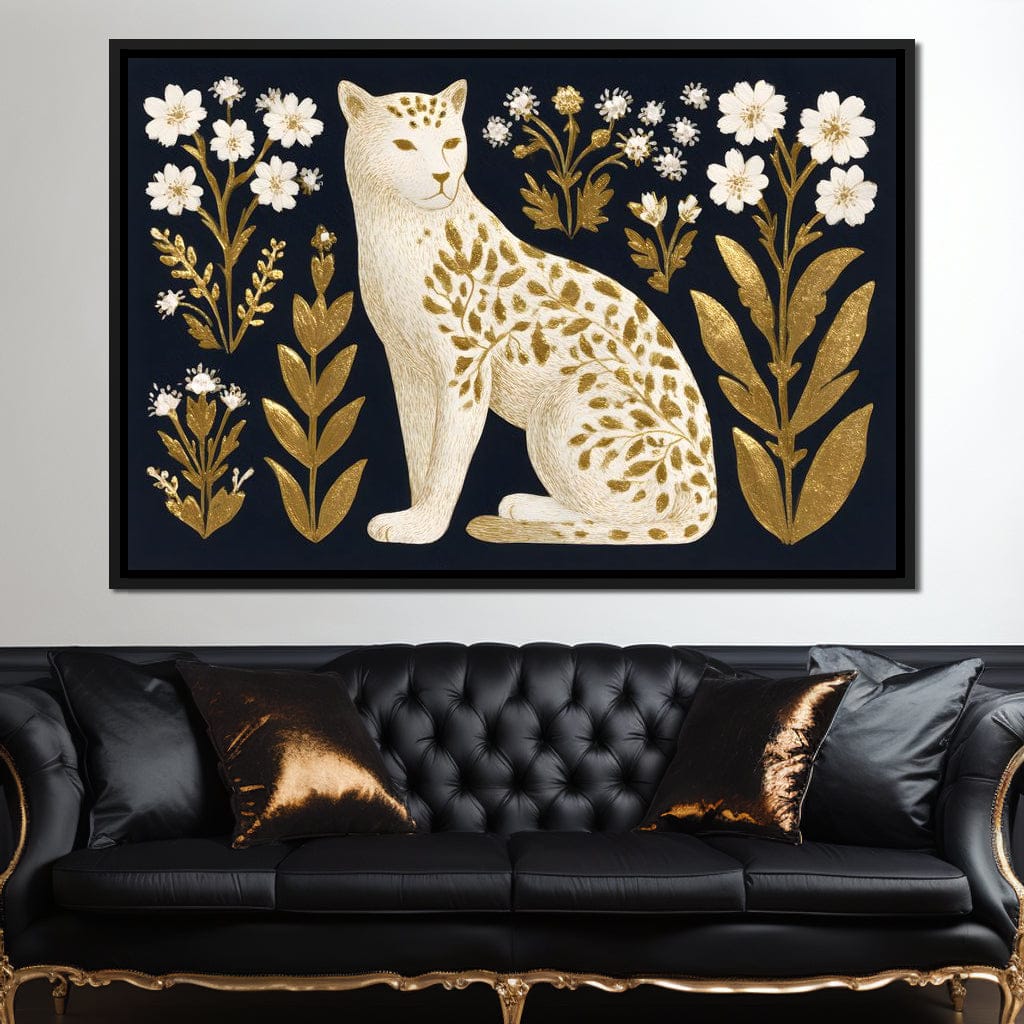 Golden Botanical Leopard Cat Canvas Wall Art