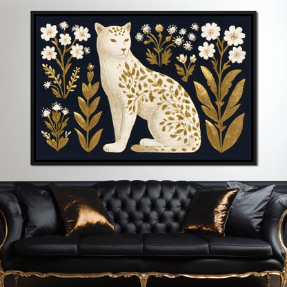 Golden Botanical Leopard Cat Canvas Wall Art