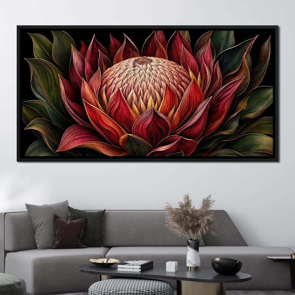 Crimson Protea Flame Crown Canvas Wall Art