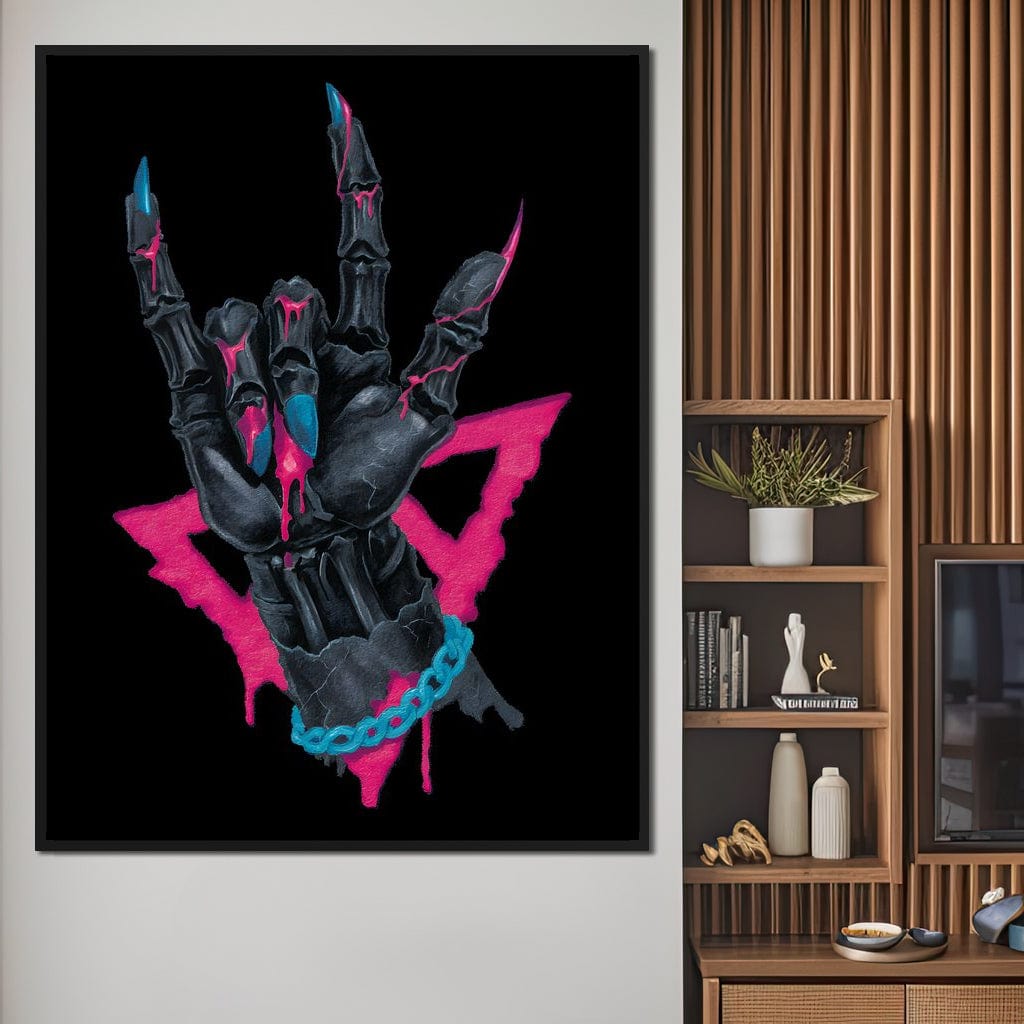 Neon Skeleton Rock Hand Sign Canvas Wall Art