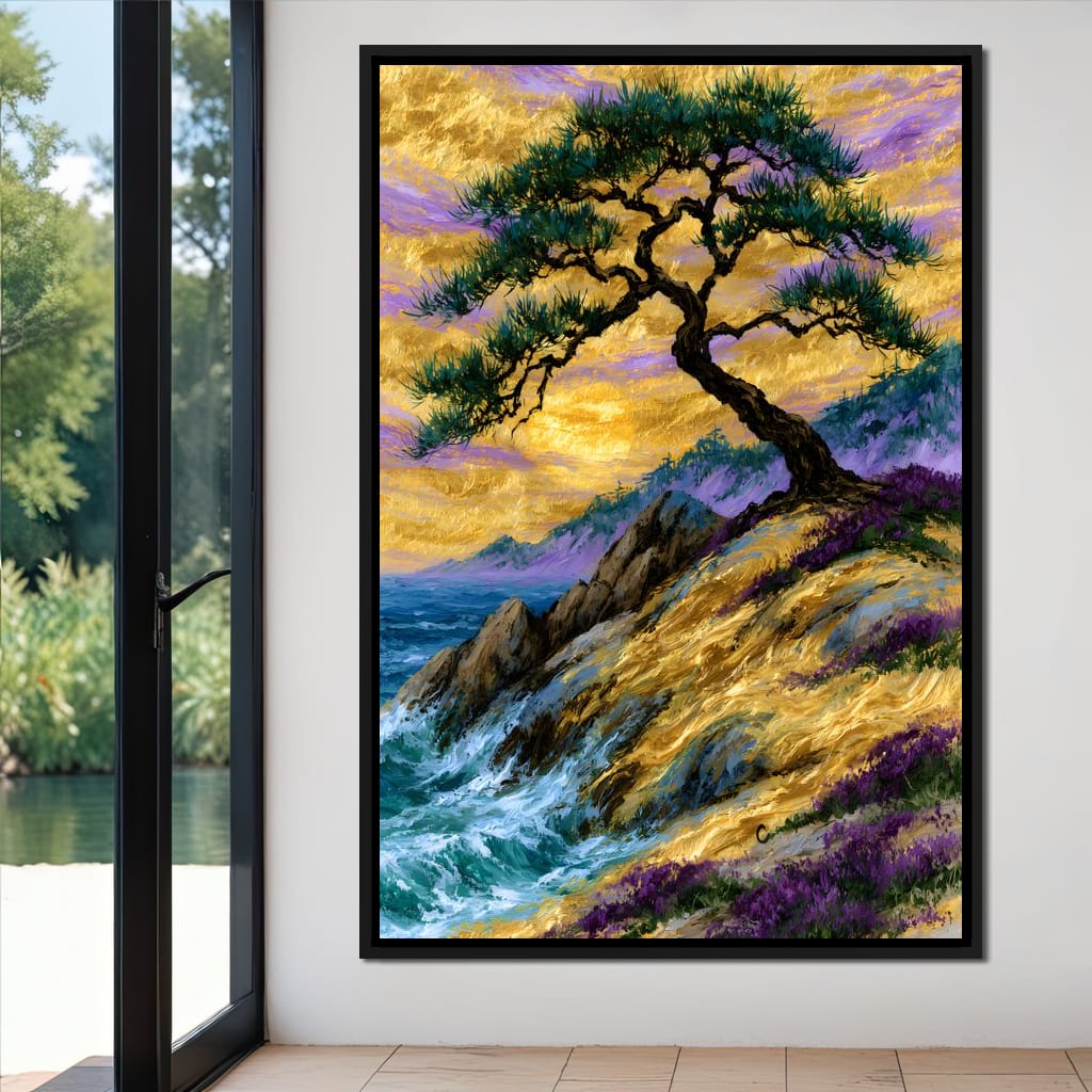 Golden Shoreline Beneath An Ancient Pine Canvas Wall Art