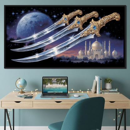 Moonlit Blades Over Golden Palace Canvas Wall Art