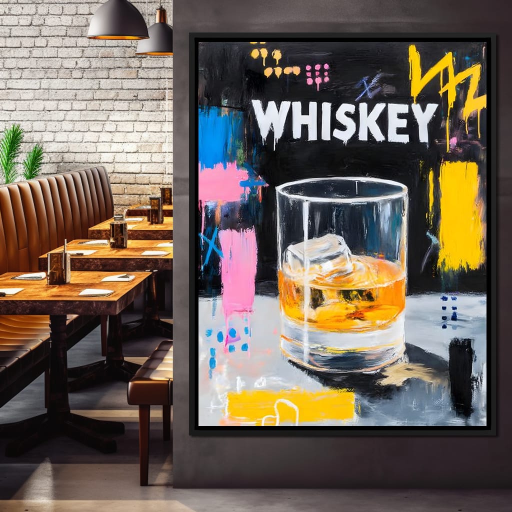 Neon Whiskey On The Rocks Canvas Wall Art