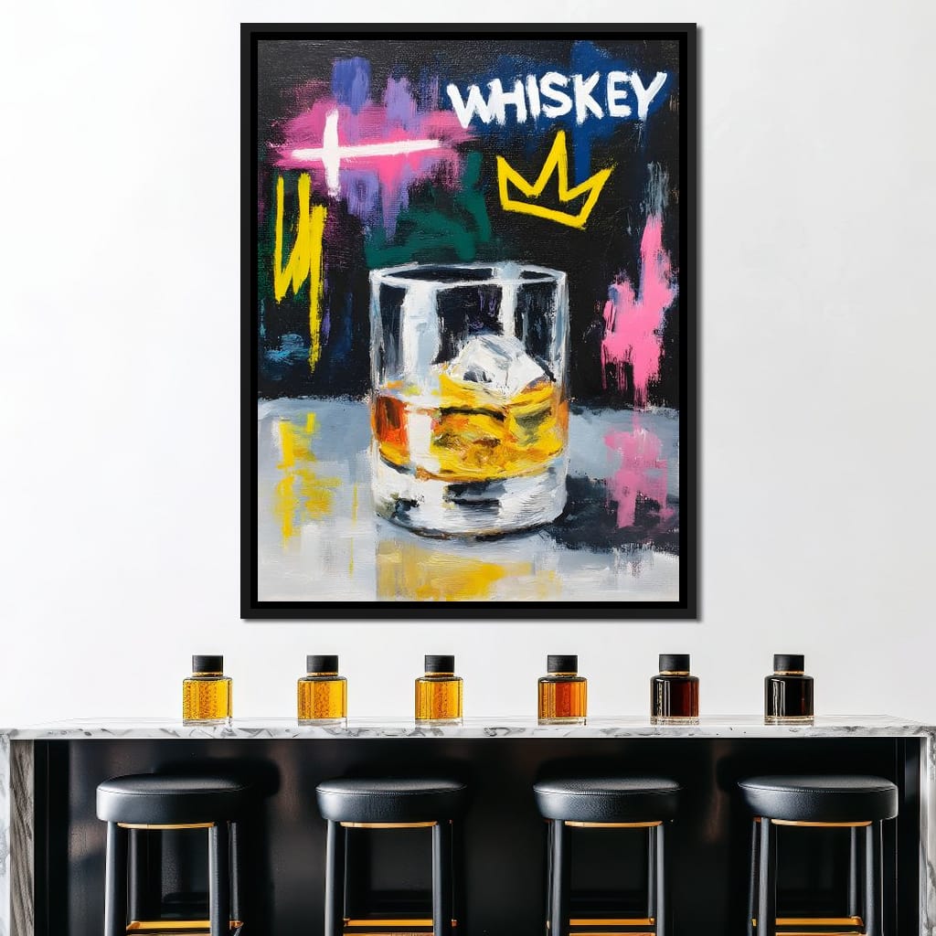 Whiskey Crown Rocks Glass Neon Canvas Wall Art