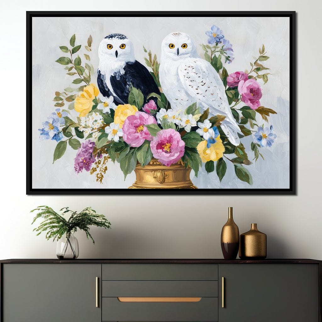 Snowy Owls Floral Canvas Wall Art