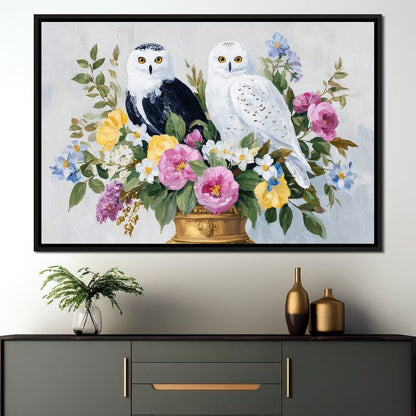 Snowy Owls Floral Canvas Wall Art