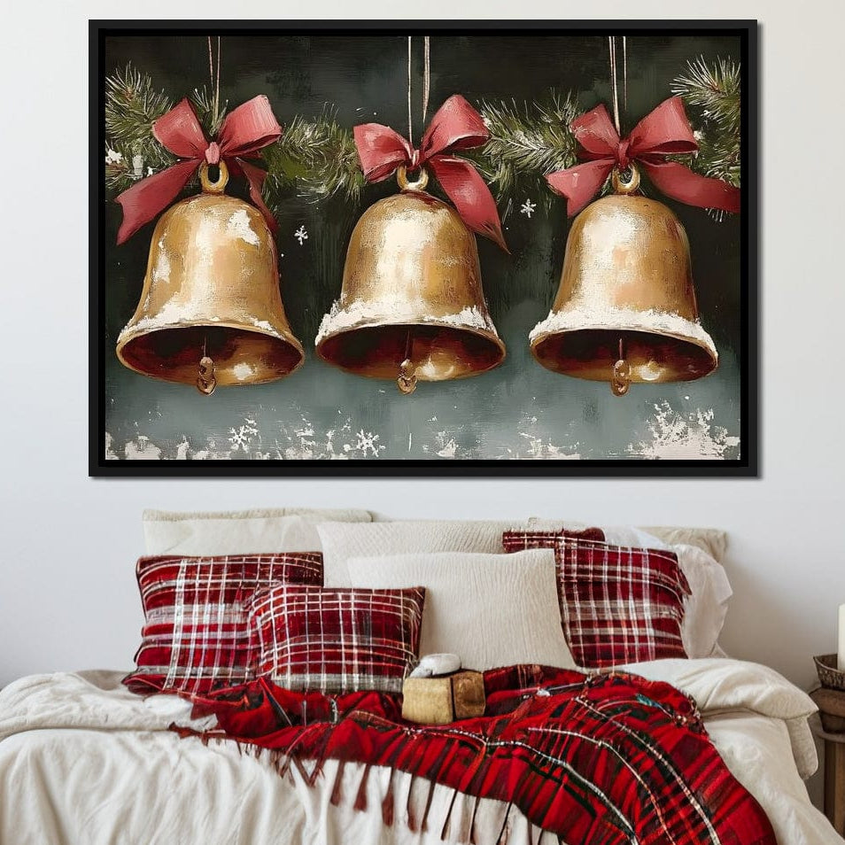 Snow Kissed Golden Holiday Bells Canvas Wall Art