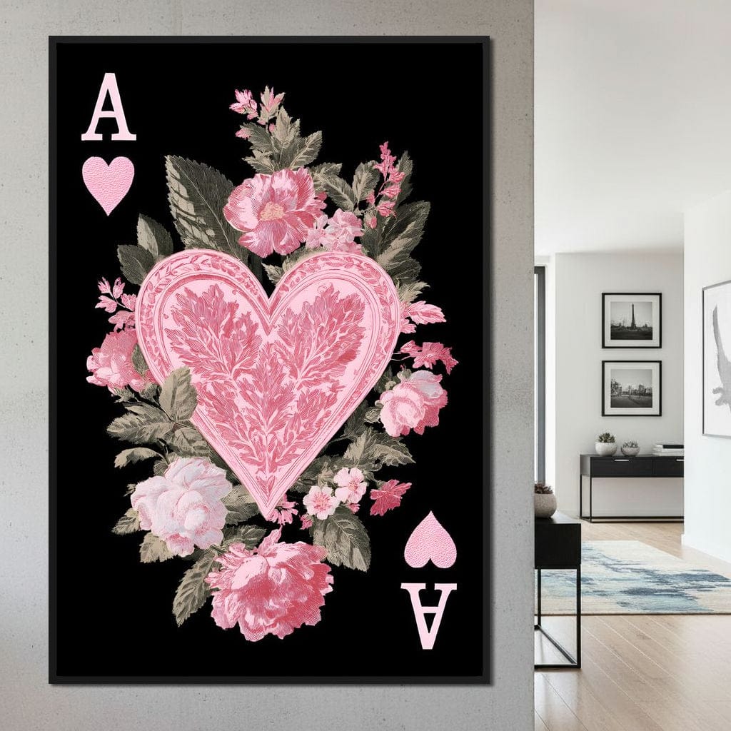 Floral Ace of Hearts Pink Rose Canvas Wall Art