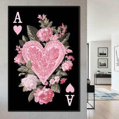 Floral Ace of Hearts Pink Rose Canvas Wall Art
