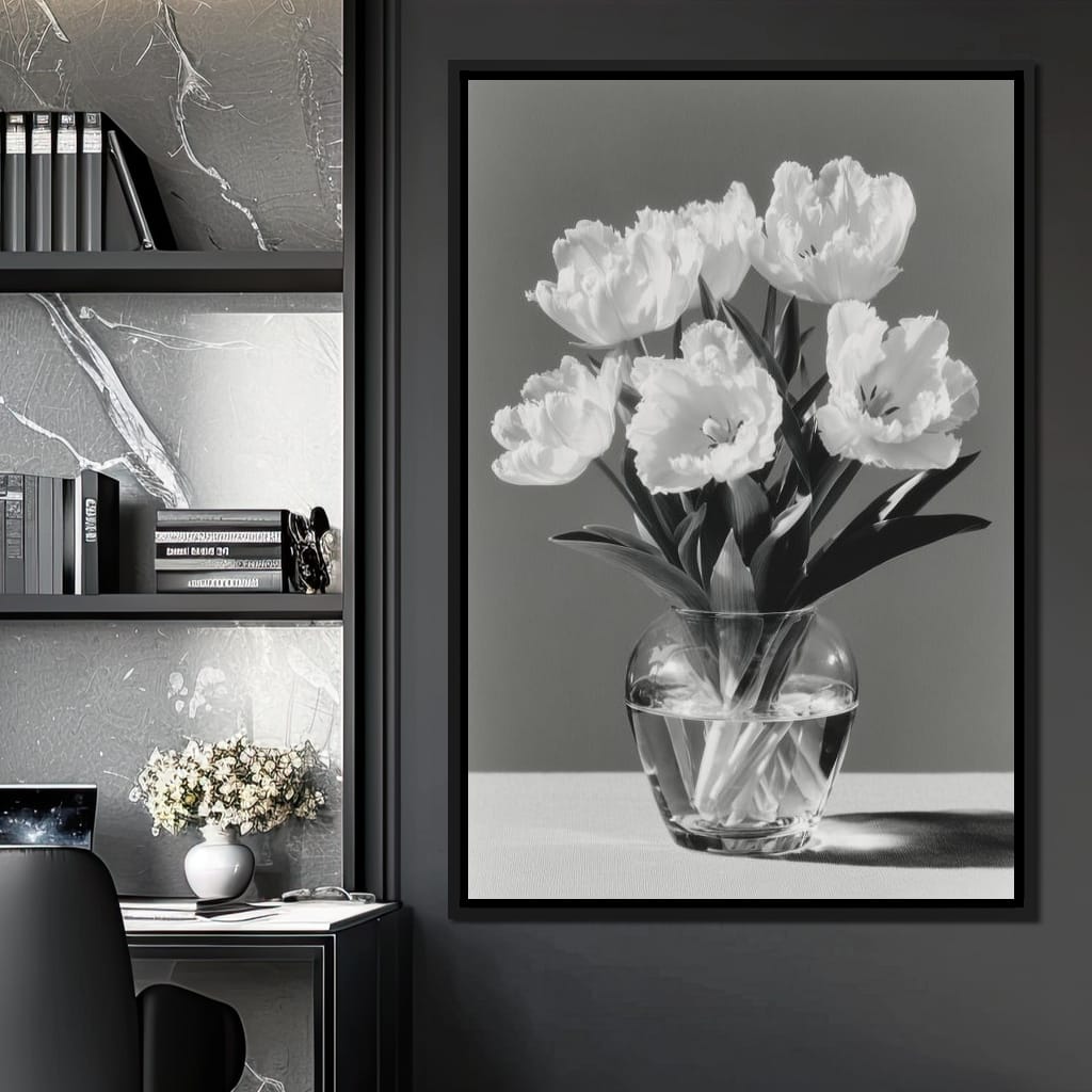 Monochrome Tulips Glass Vase Canvas Wall Art