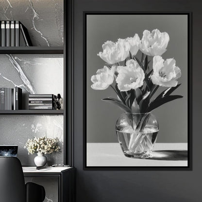 Monochrome Tulips Glass Vase Canvas Wall Art