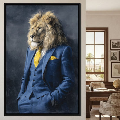 Regal Lion Portrait Blue Suit Canvas Wall Art