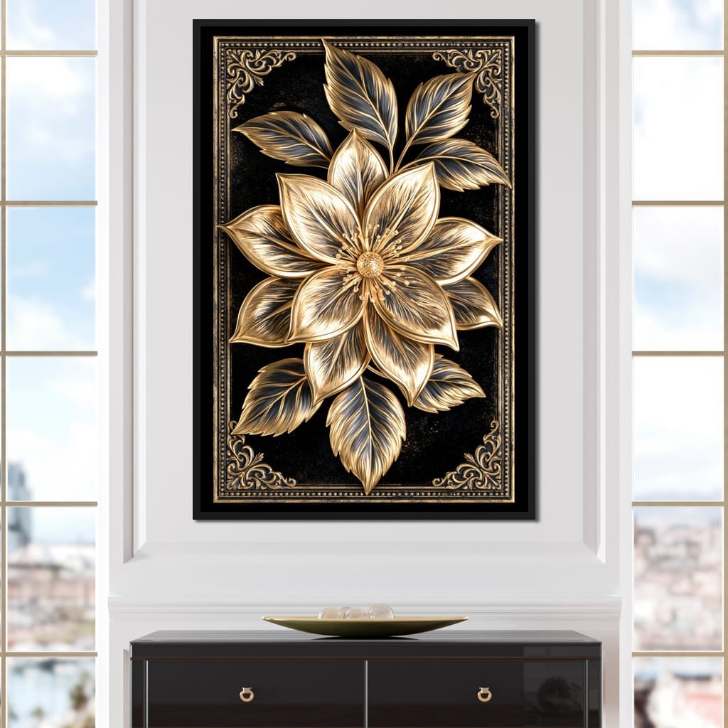 Gilded Petals on Obsidian Fields Canvas Wall Art