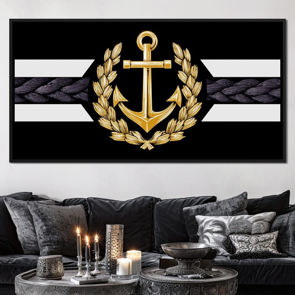 Golden Anchor Laurel Emblem Canvas Wall Art
