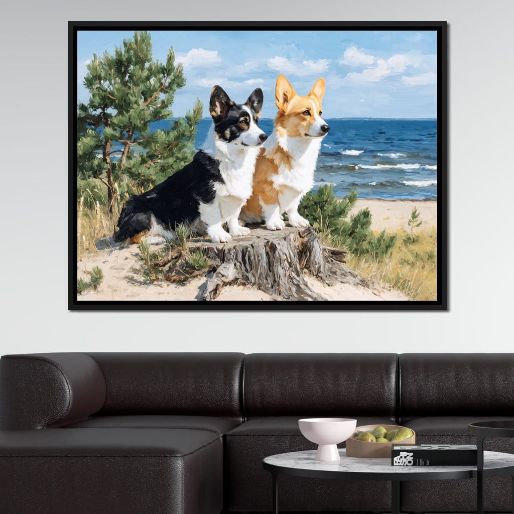 Coastal Corgi Pair Lookout Canvas Wall Art