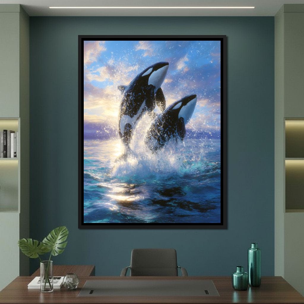 Breaching Orcas Dawn Ocean Dance Canvas Wall Art