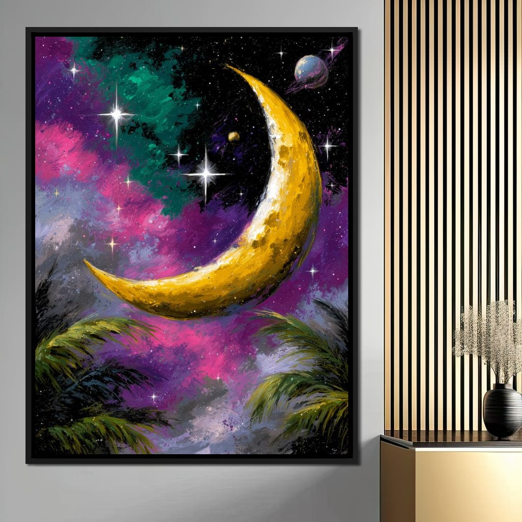 Golden Crescent Cosmic Nightscape Canvas Wall Art