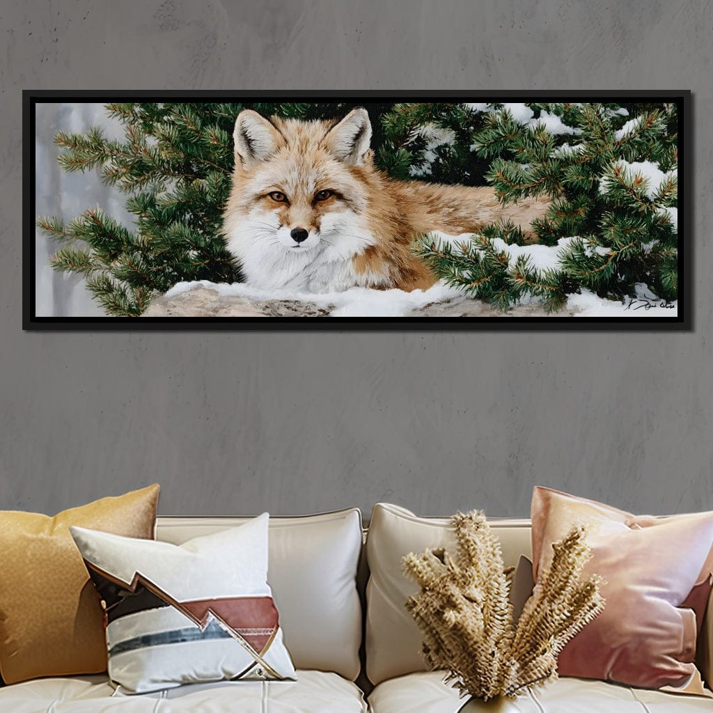 Winter Fox Under Pine Boughs Canvas Wall Art