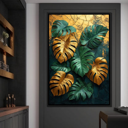 Golden Monstera Leaves Canvas Wall Art