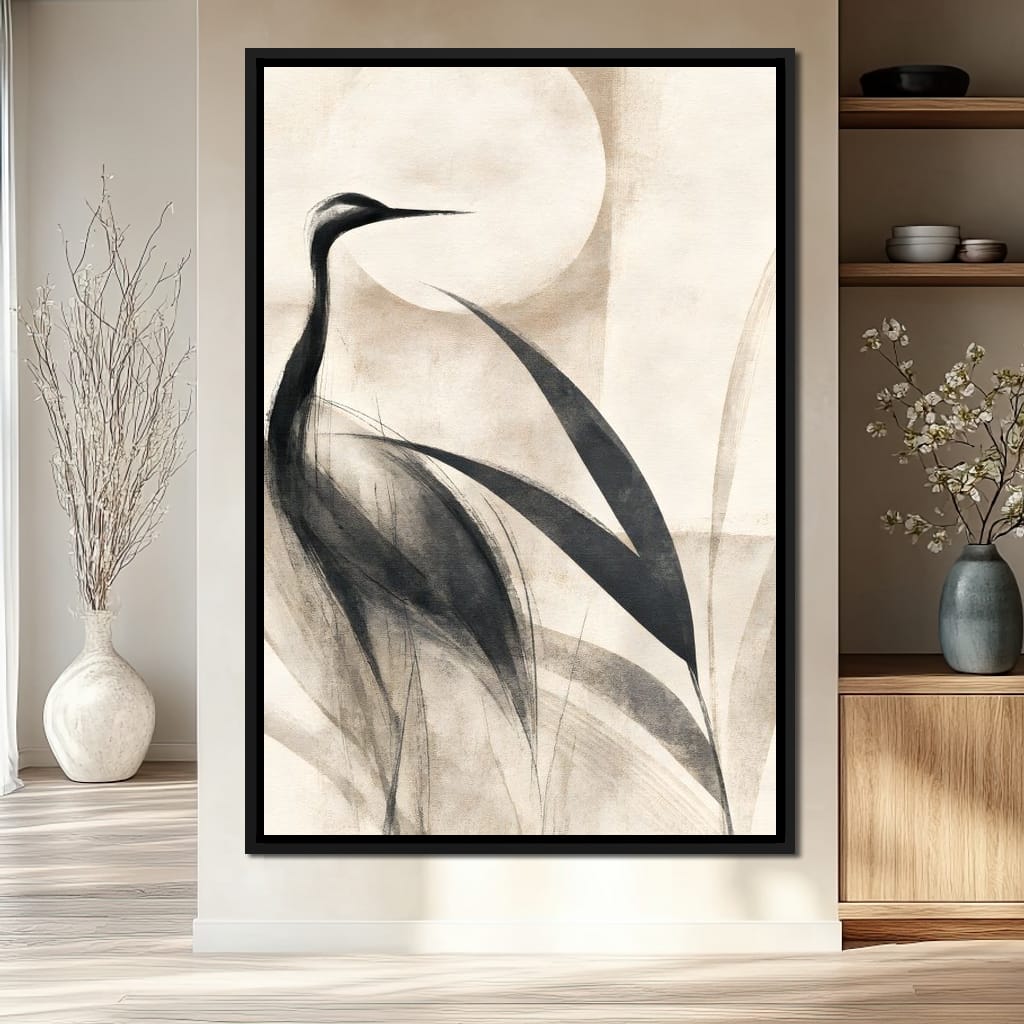 Lone Crane Watching The Pale Disc Canvas Wall Art
