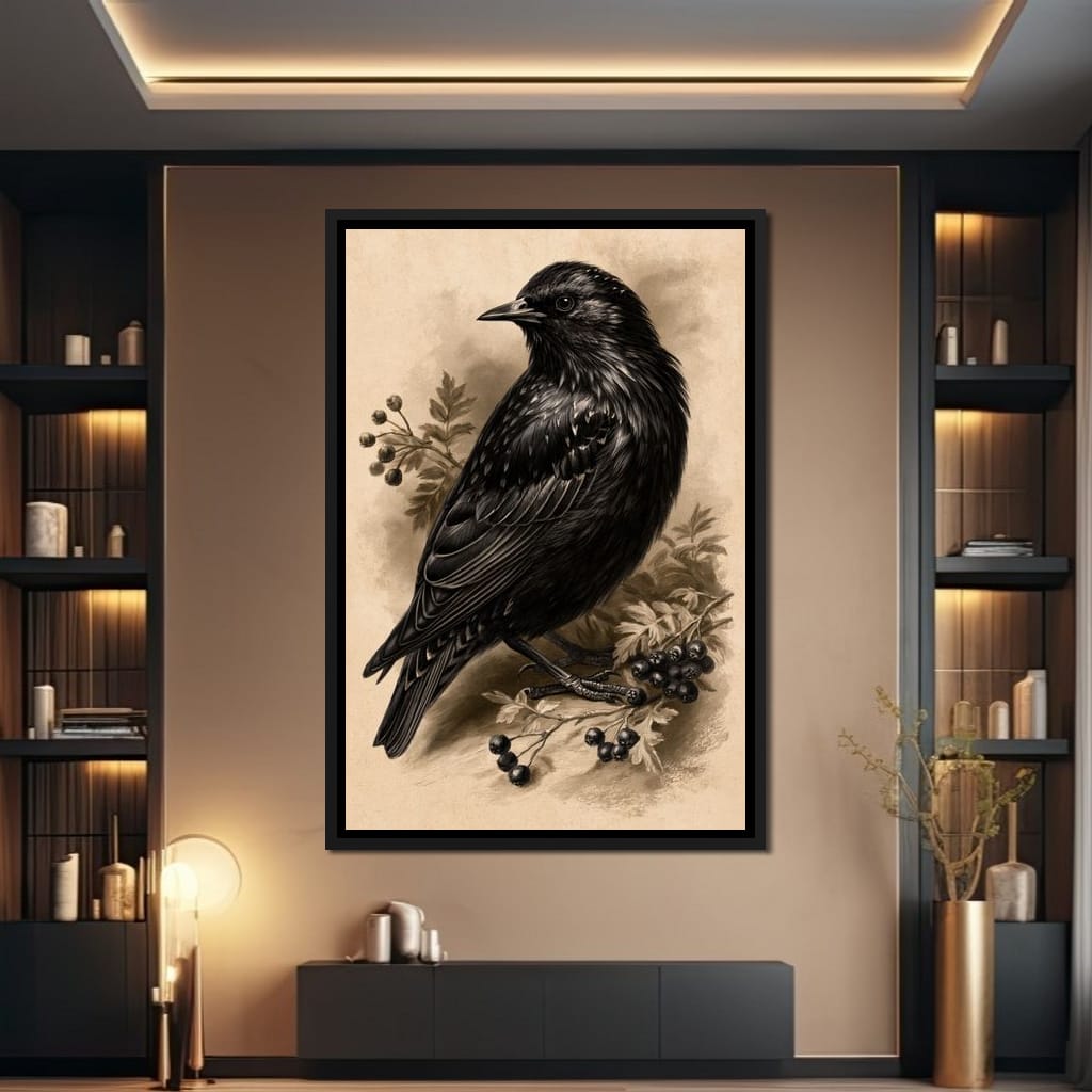 Solitary Starling Perched Upon Hawthorn Branch Canvas Wall Art