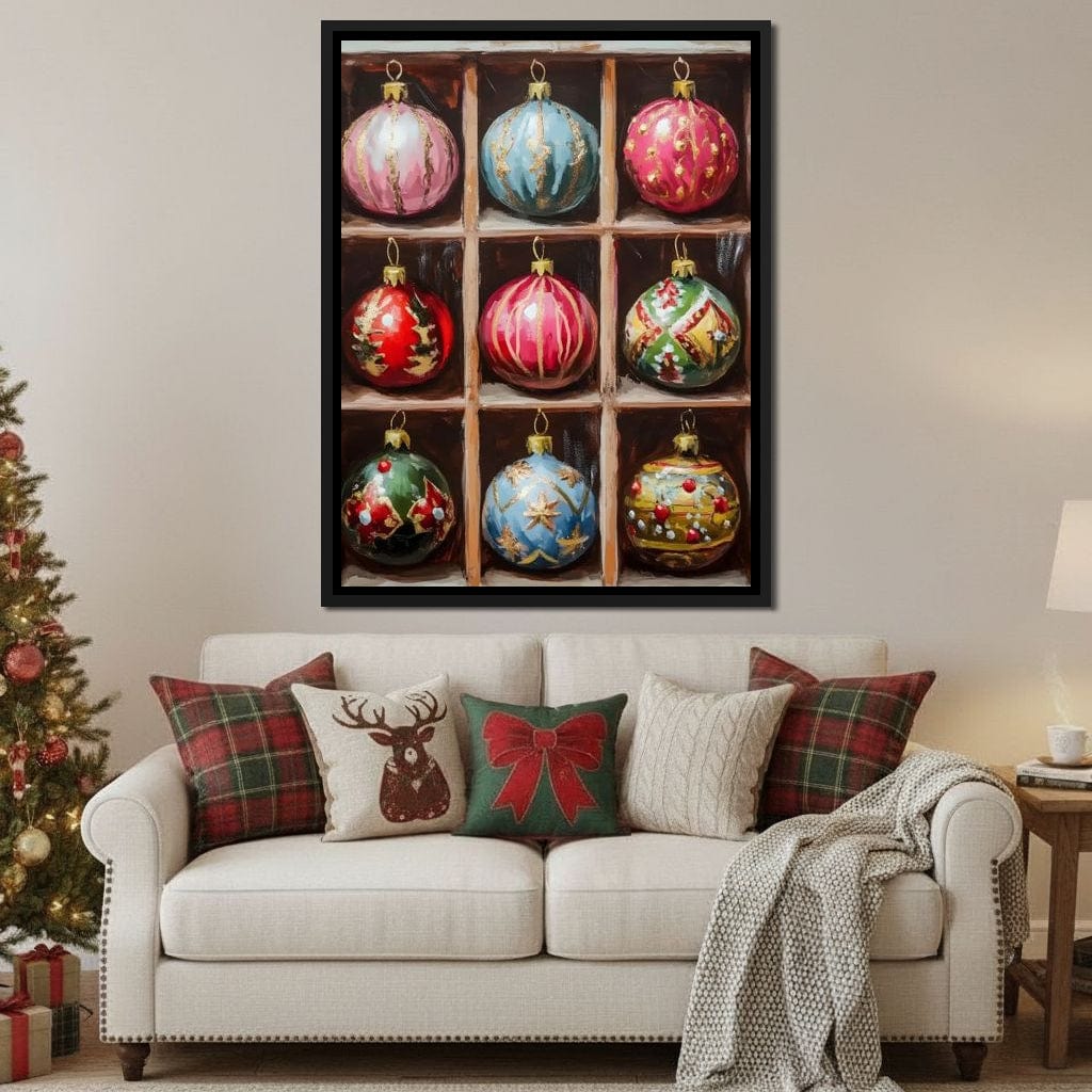 Vintage Christmas Ornaments Grid Canvas Wall Art