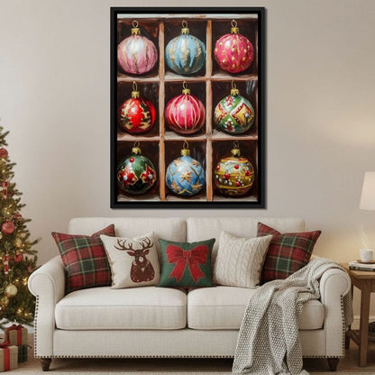 Vintage Christmas Ornaments Grid Canvas Wall Art