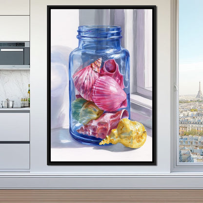 Seashells Jar Sunlit Window Canvas Wall Art