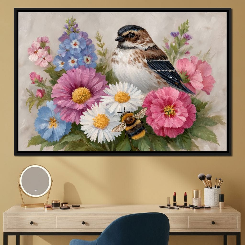 Garden Sparrow and Bumblebee Canvas Wall Art