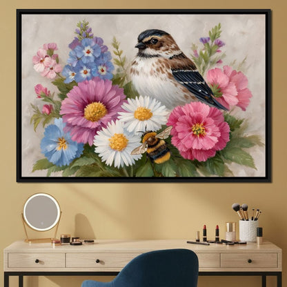 Garden Sparrow and Bumblebee Canvas Wall Art
