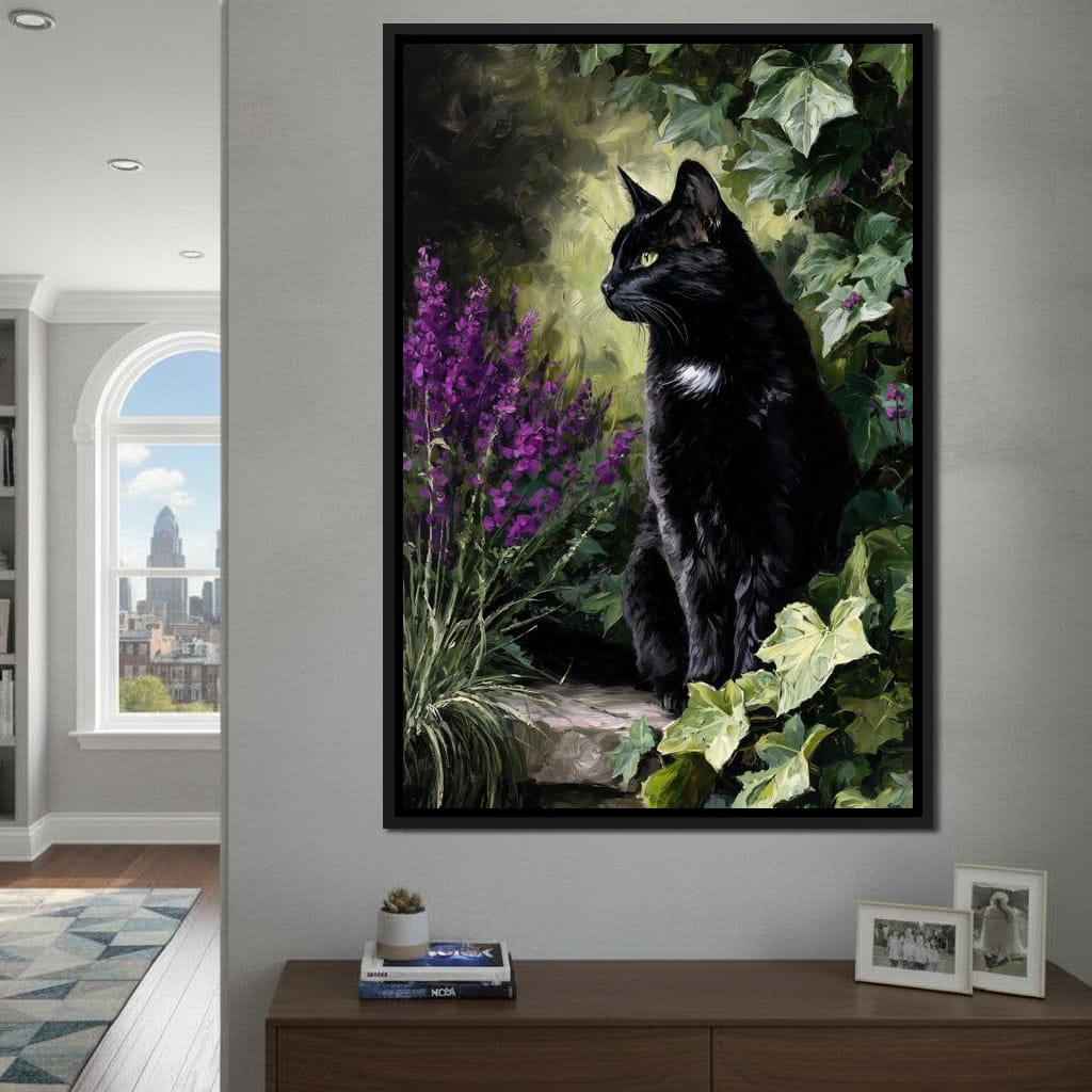 Black Cat Garden Sentinel Canvas Wall Art