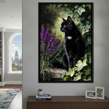 Black Cat Garden Sentinel Canvas Wall Art