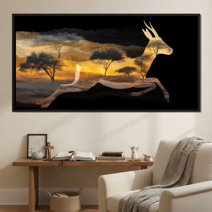 Golden Savanna Antelope Run Canvas Wall Art