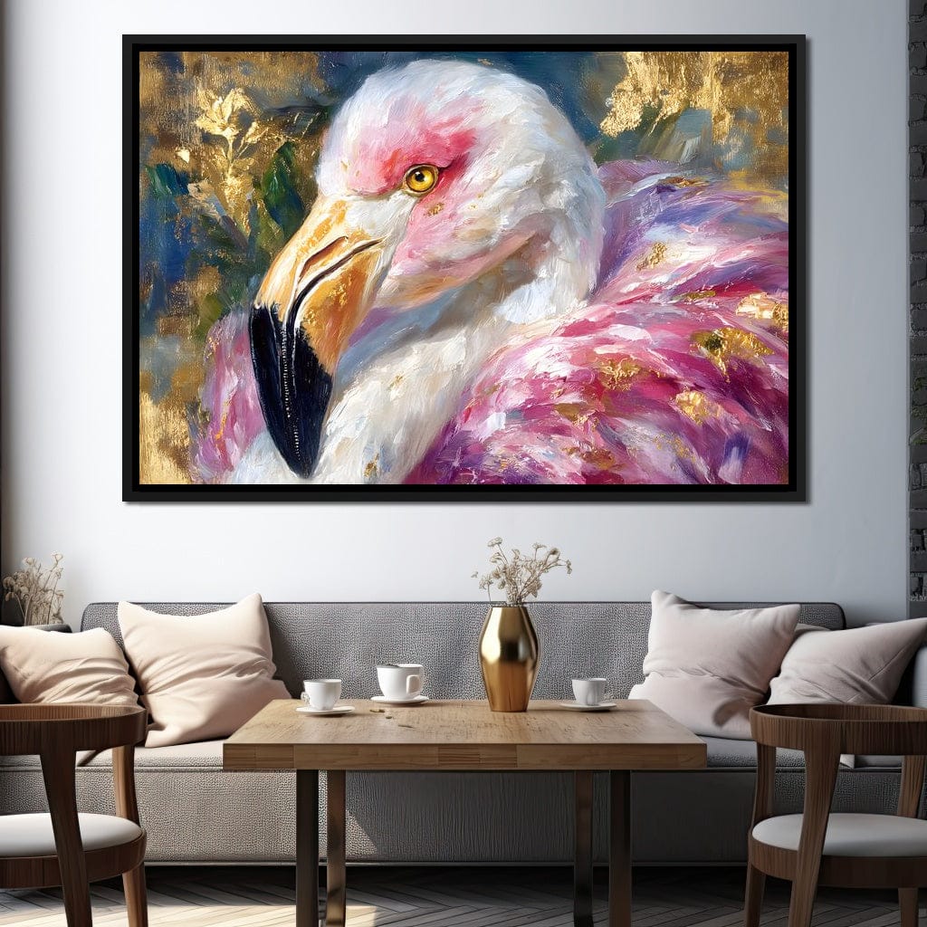 Golden Pink Flamingo Portrait Canvas Wall Art