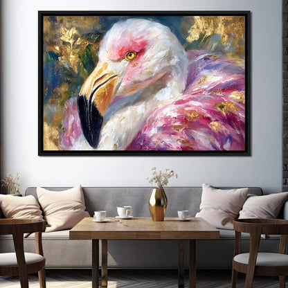 Golden Pink Flamingo Portrait Canvas Wall Art