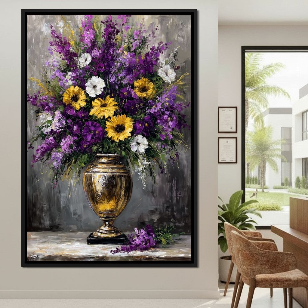 Golden Vase Violet Sunflowers Canvas Wall Art