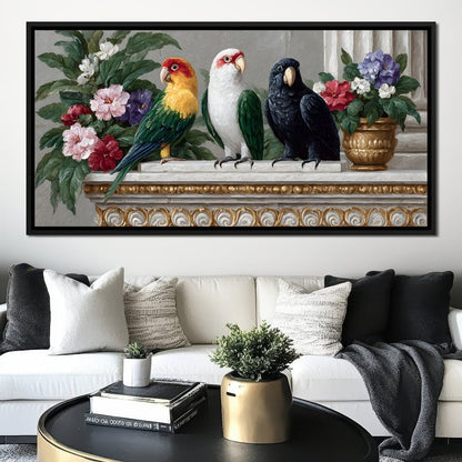 Parrot Trio On Florid Ledge Canvas Wall Art